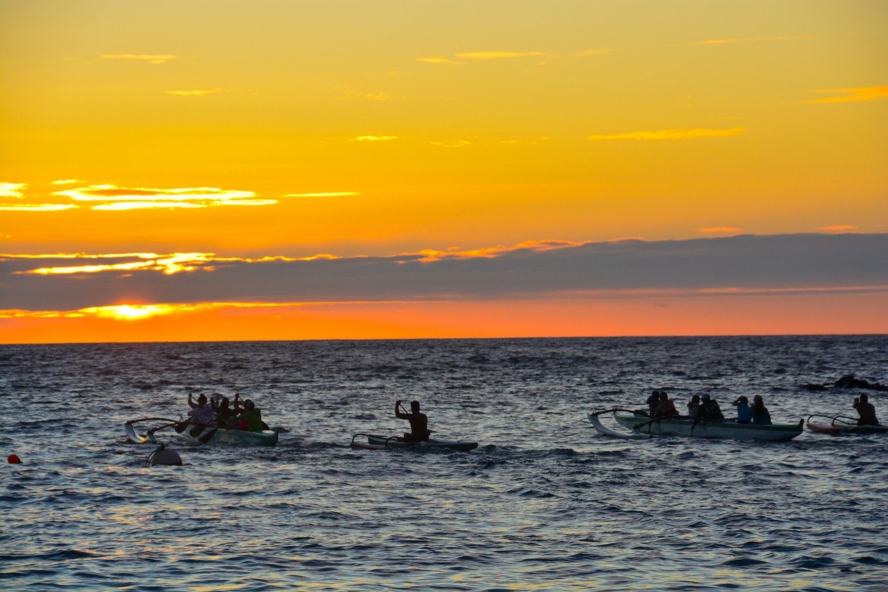 sea, nature, ocean, hawaiian paddlers, sunset, racing outrigger canoes